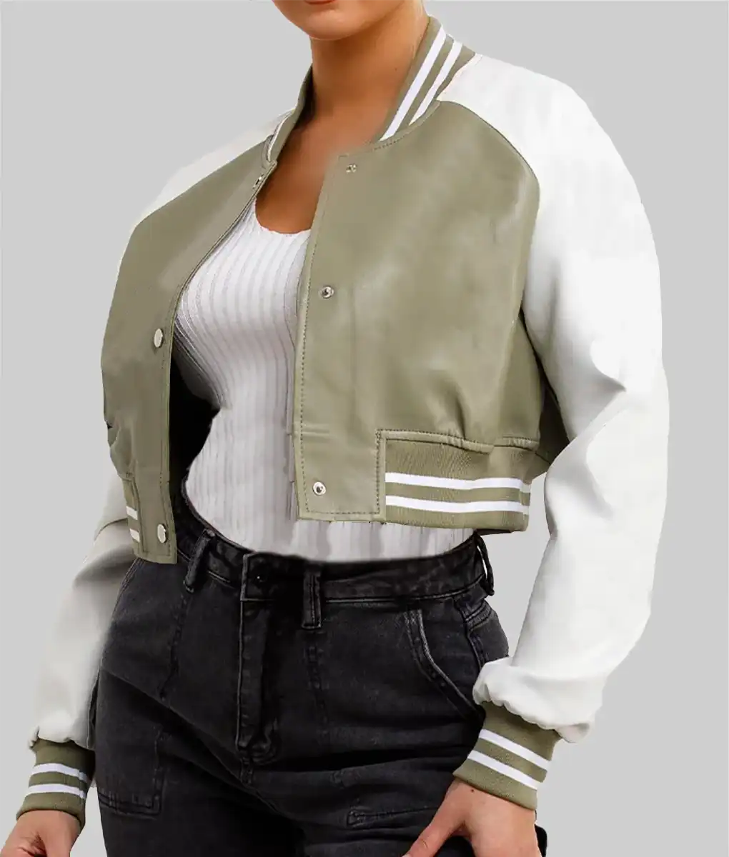 Women’s Olive Green and White Leather Varsity Jacket - Image 2