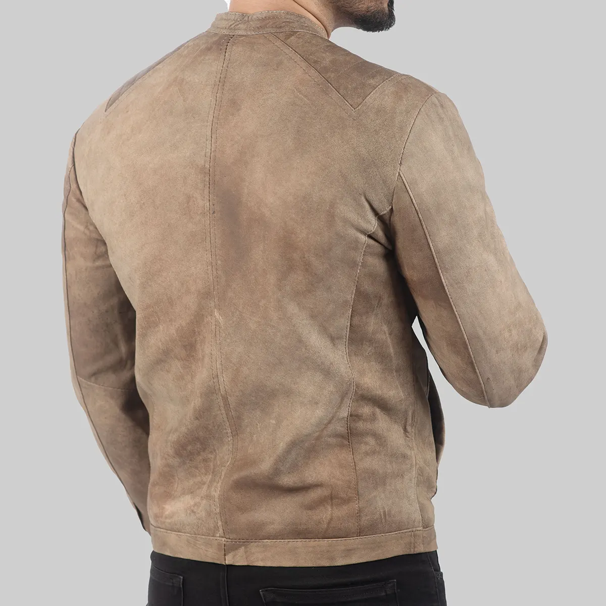 Men’s Distressed Beige Leather Biker Jacket - Image 2