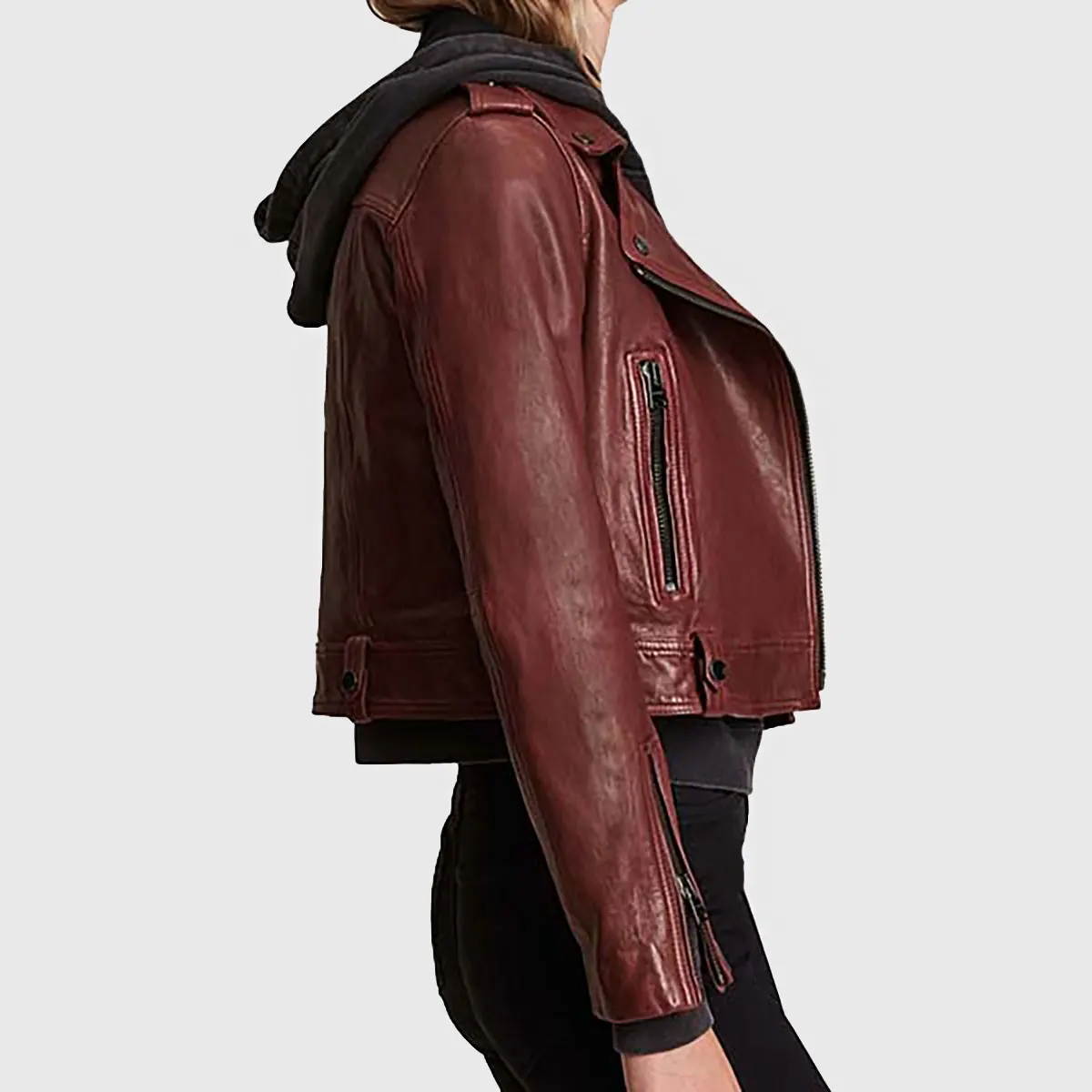 Women’s Maroon Leather Biker Jacket - Image 2