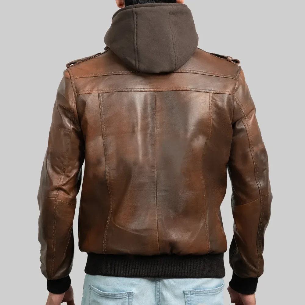 Men’s Brown Hooded Leather Biker Jacket