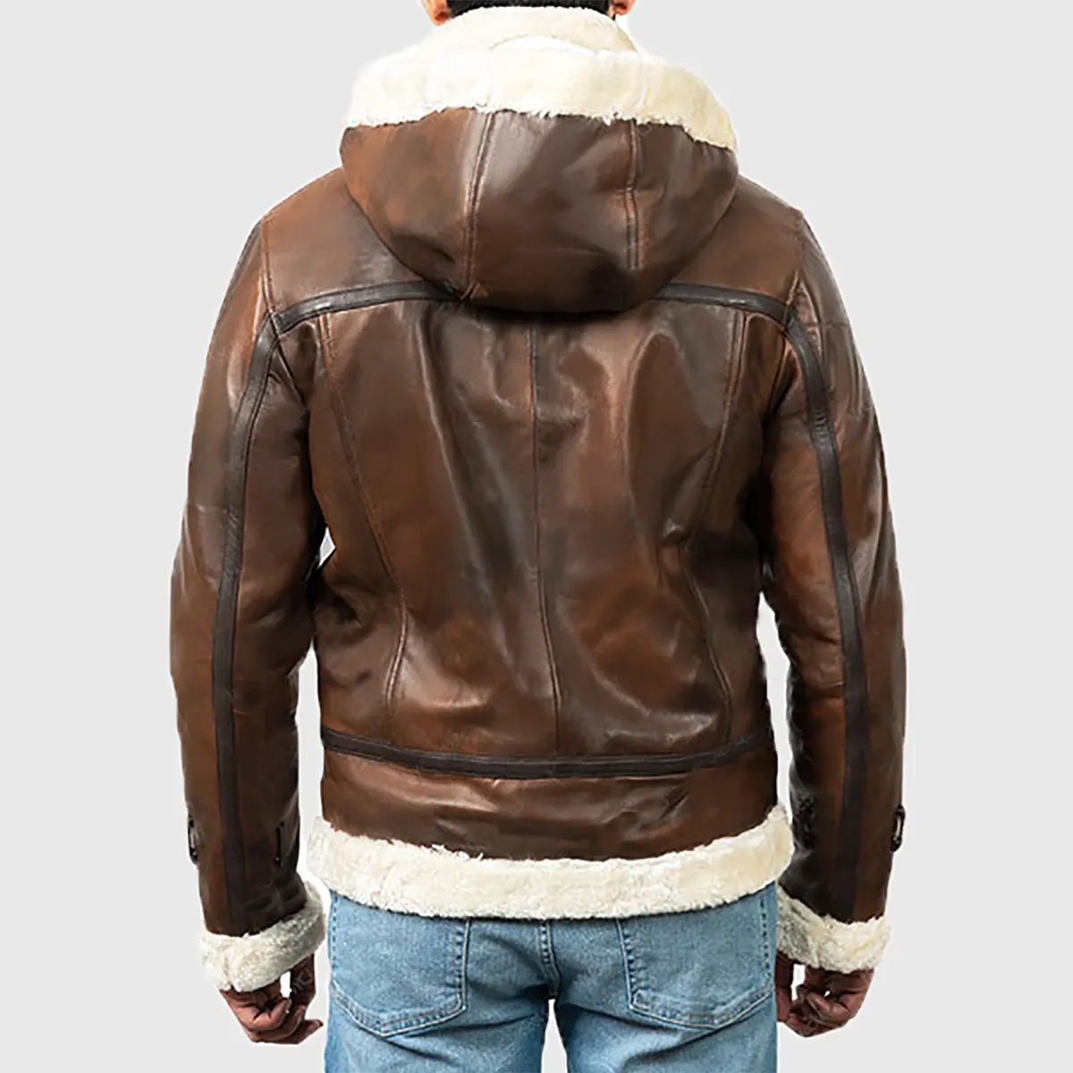 Men’s Brown Hooded B-3 Bomber Leather Jacket - Image 2