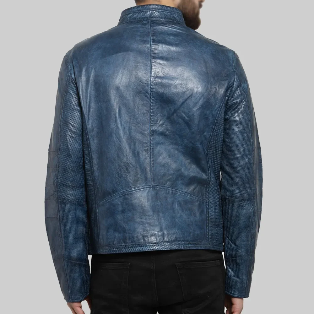 Men’s Blue Distressed Leather Biker Jacket