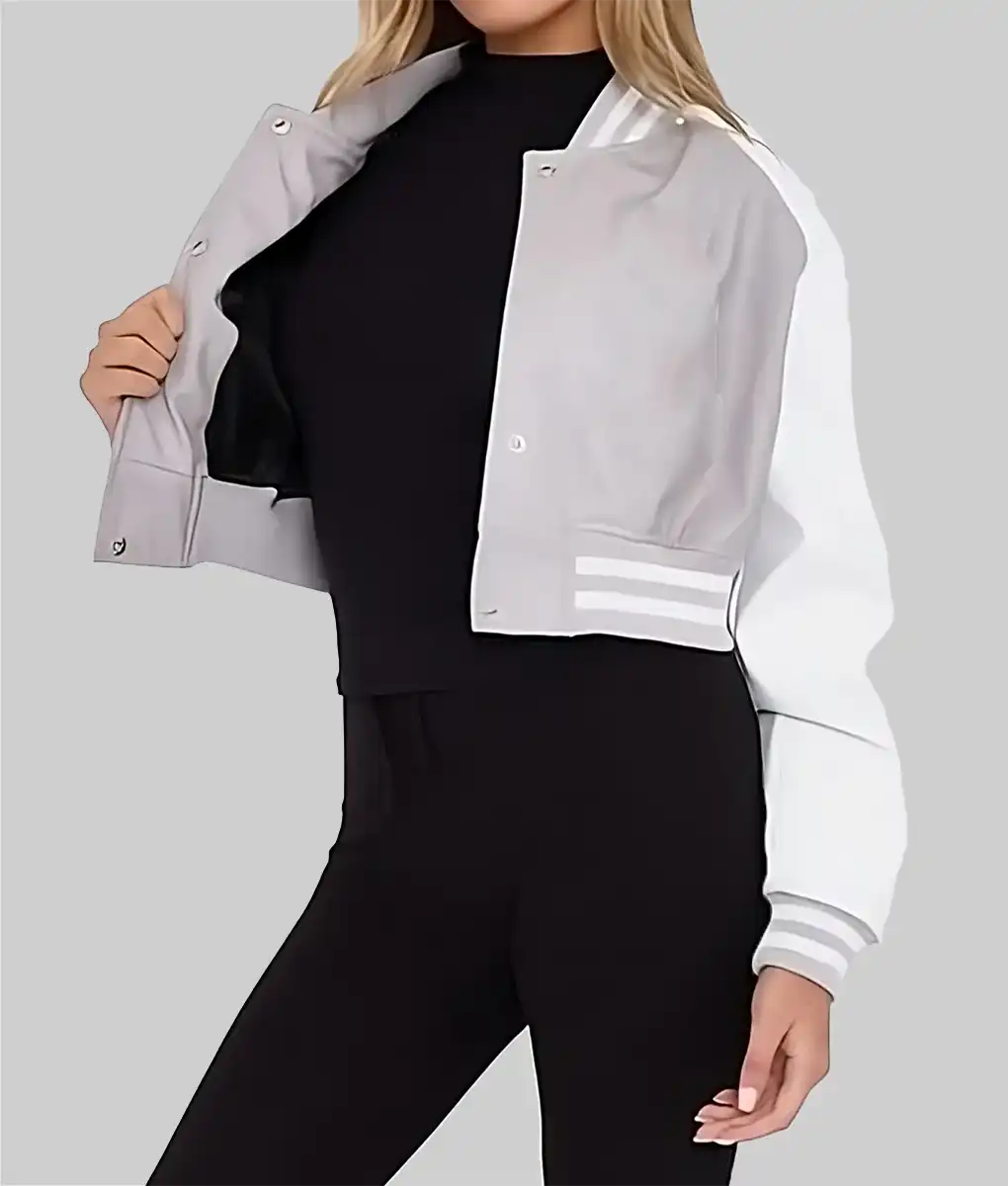 Women’s Grey and White Leather Varsity Jacket - Image 2