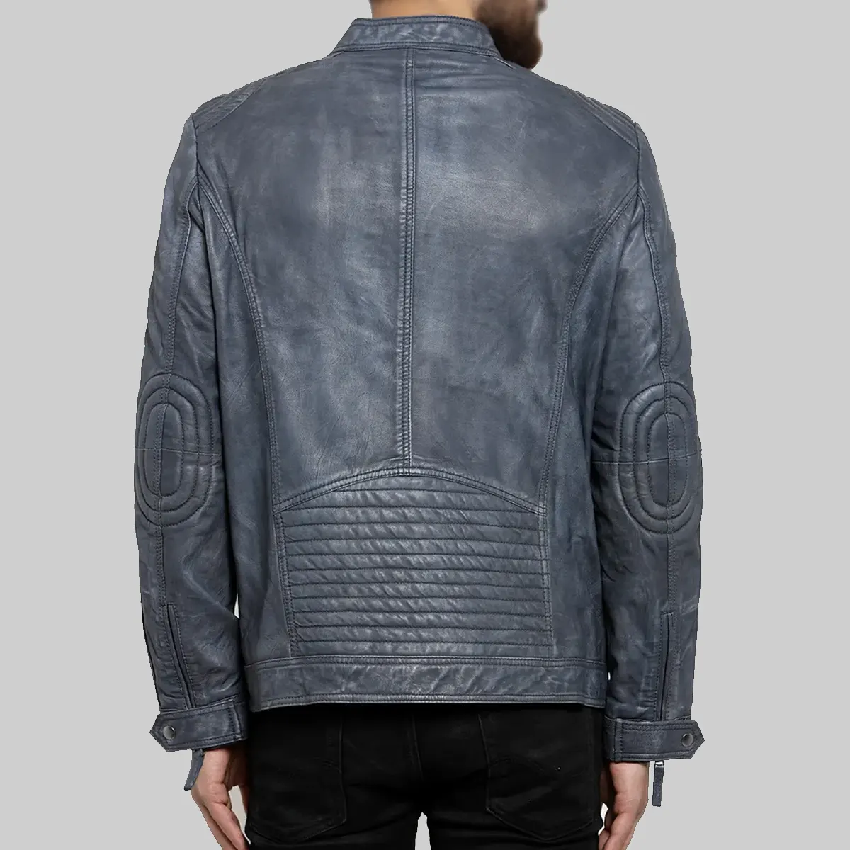 Men’s Blue Distressed Leather Biker Jacket - Image 2