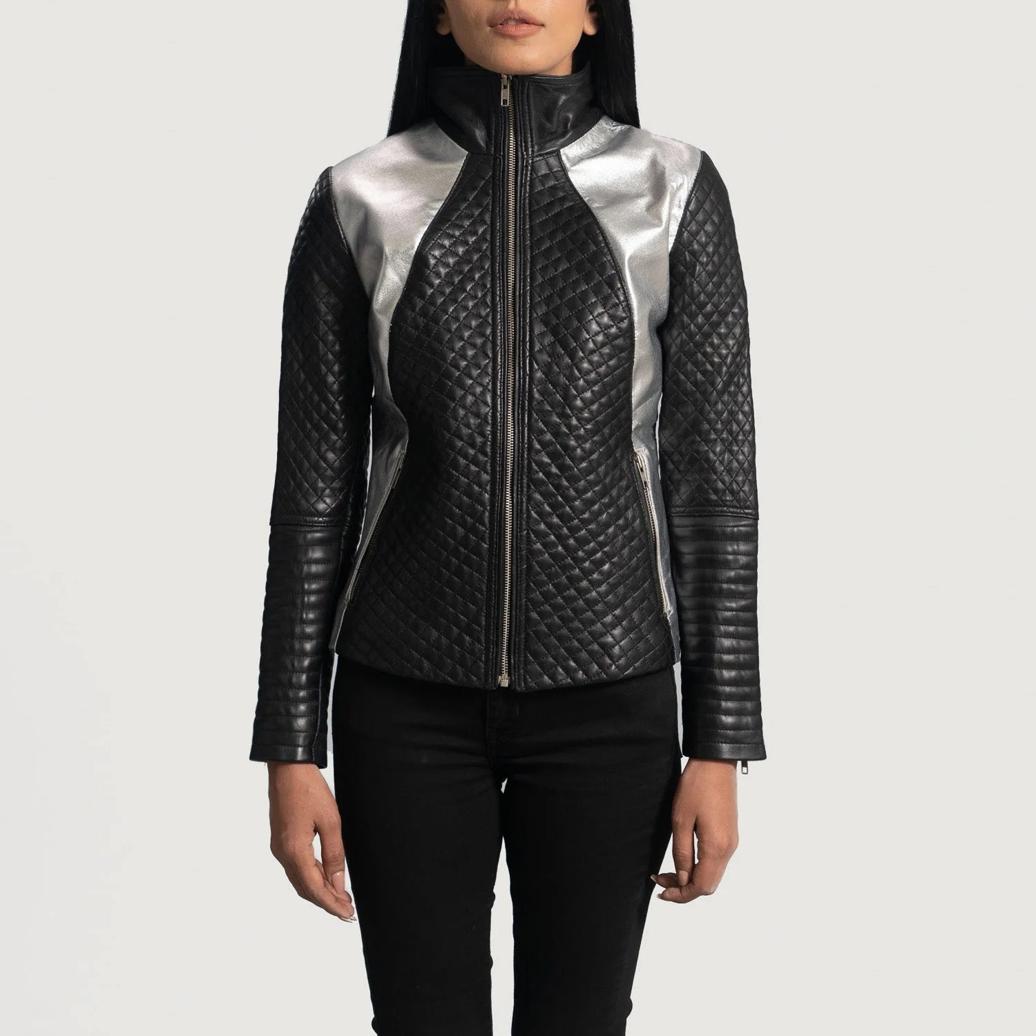 Alia Metallic Black Leather Biker Jacket - Image 2