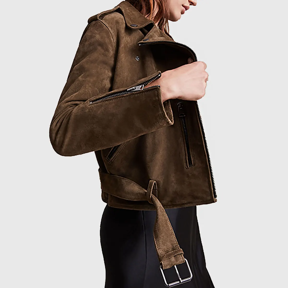 Women’s Dark Brown Suede Leather Biker Jacket - Image 3