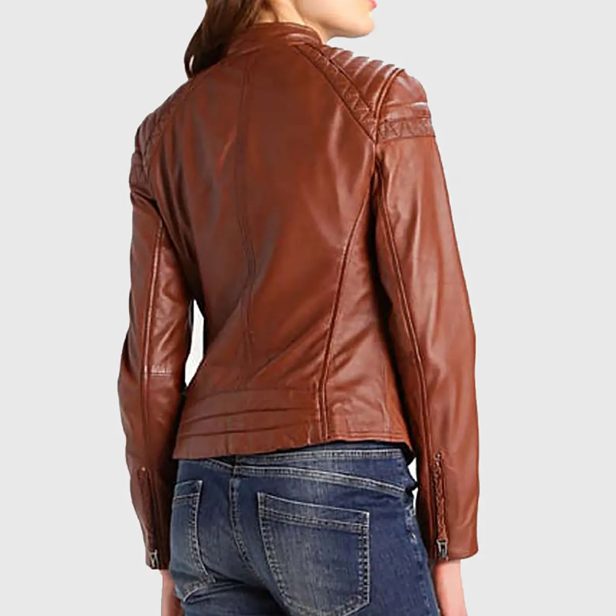 Women’s Cognac Leather Biker Jacket - Image 3