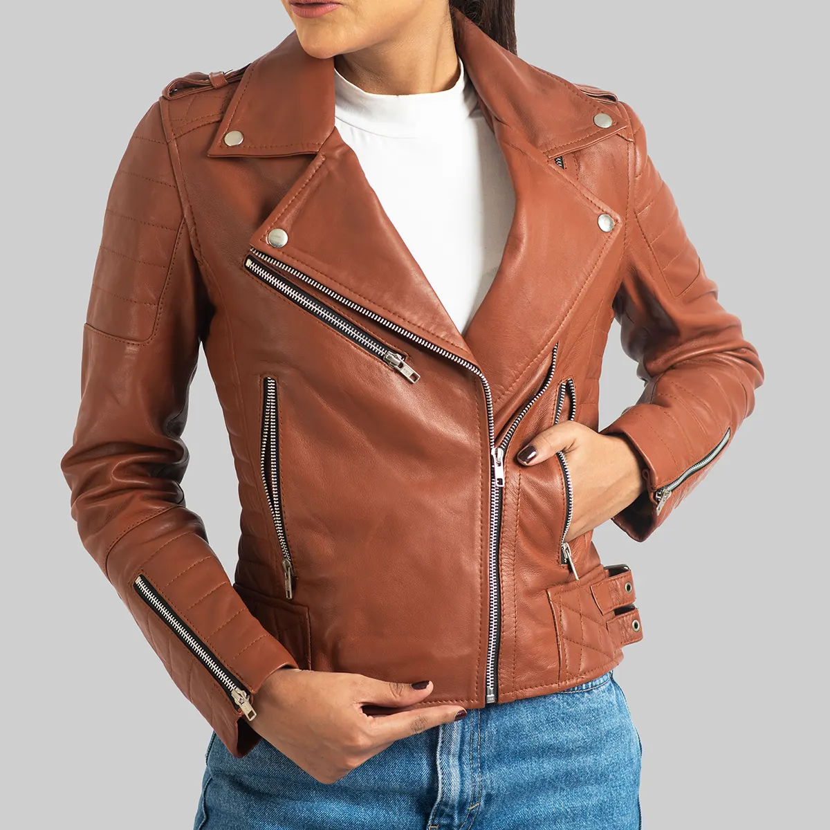Women’s Brown Leather Biker Jacket - Image 3