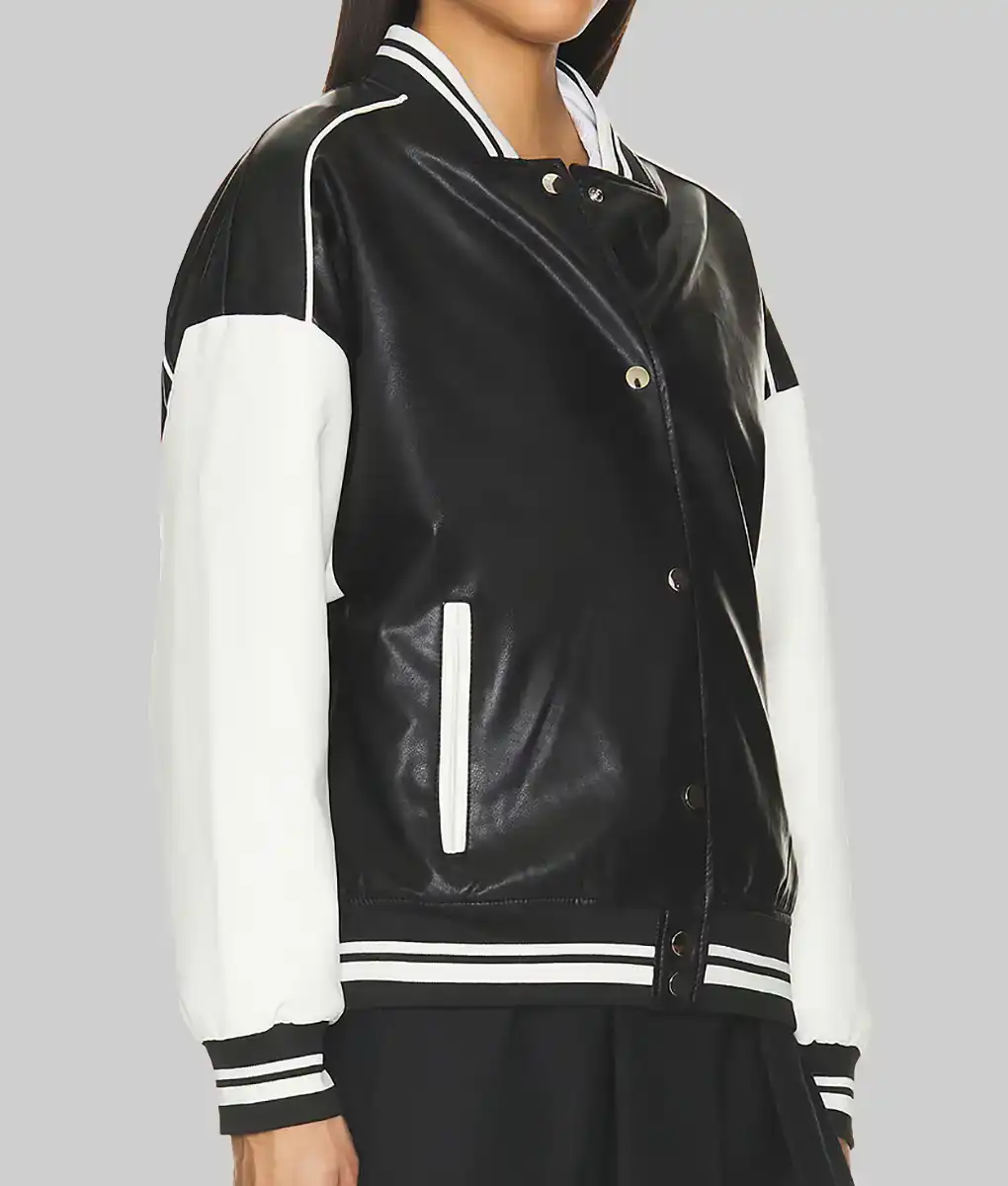 Women’s Black and White Leather Varsity Jacket - Image 3