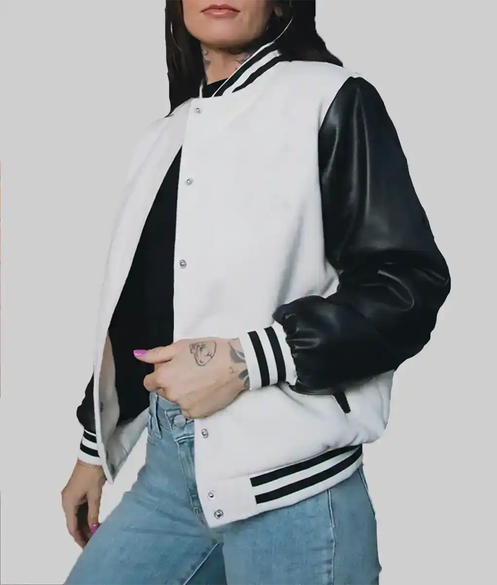 Women’s White and Black Leather Varsity Jacket - Image 3