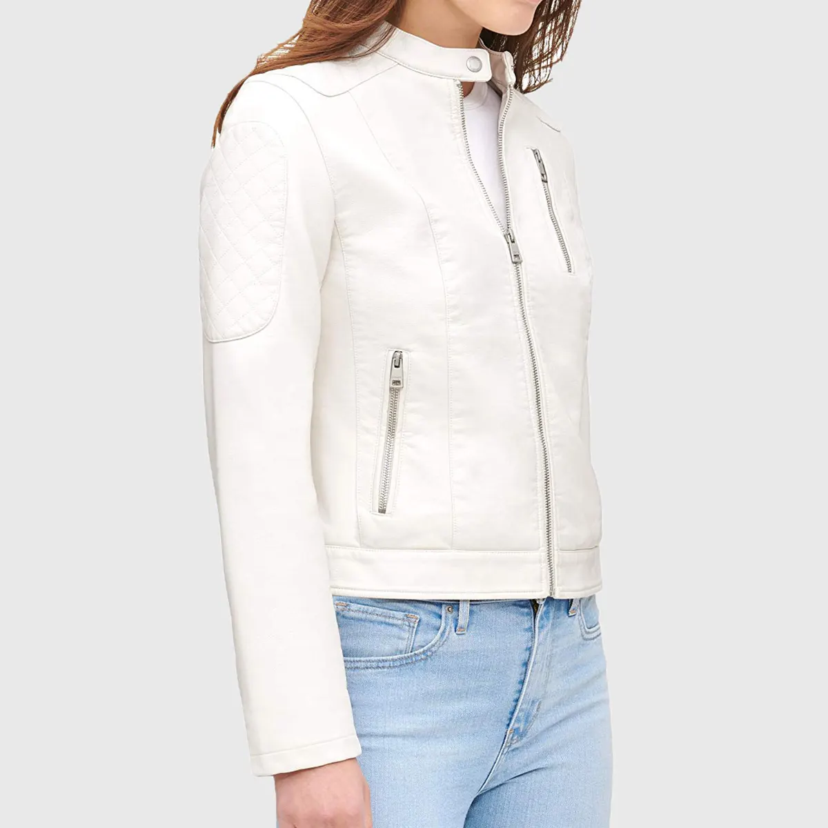 White Quilted Moto Cafe Racer Biker Jacket - Image 3