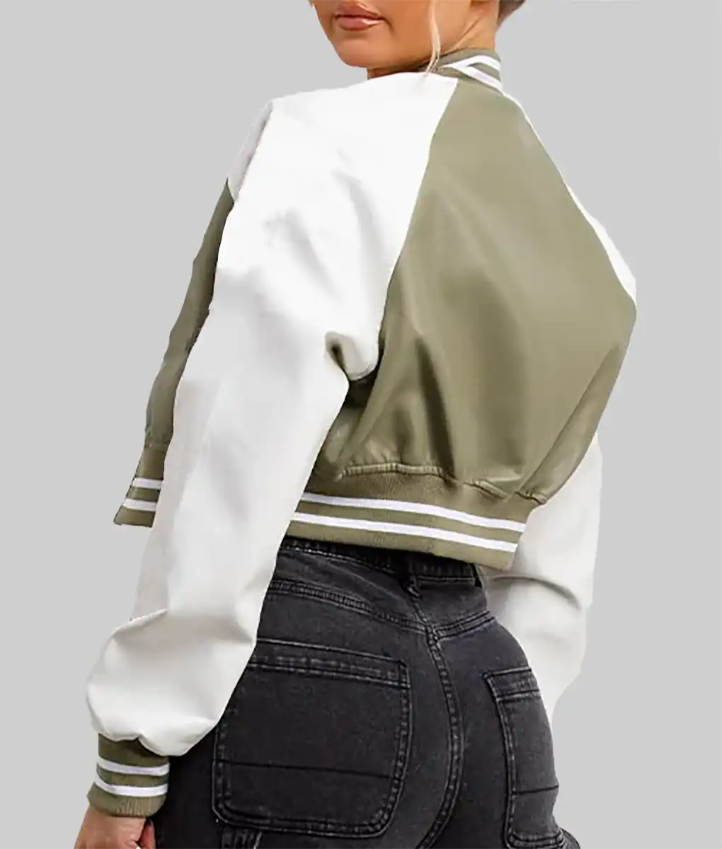 Women’s Olive Green and White Leather Varsity Jacket - Image 3