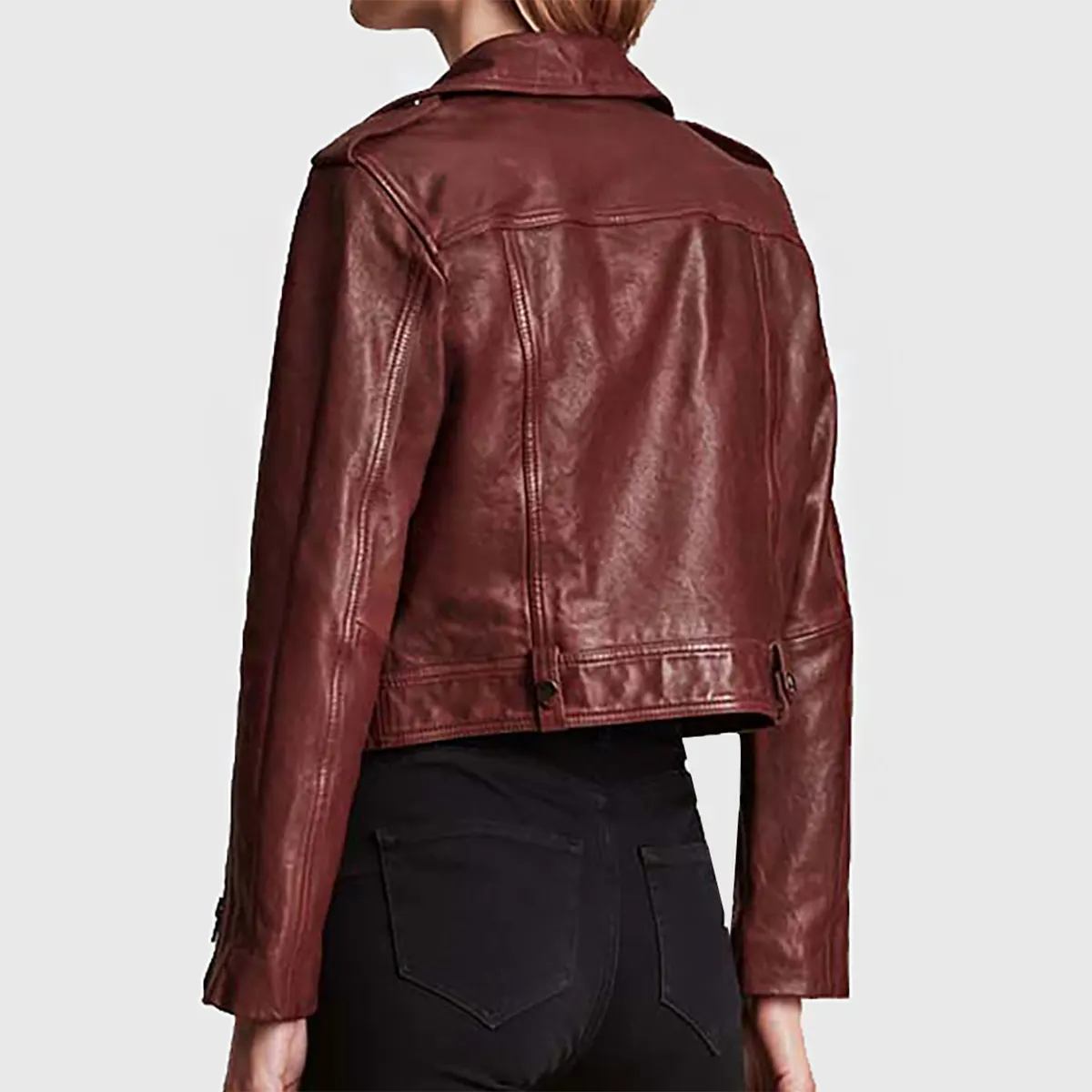 Women’s Maroon Leather Biker Jacket - Image 3