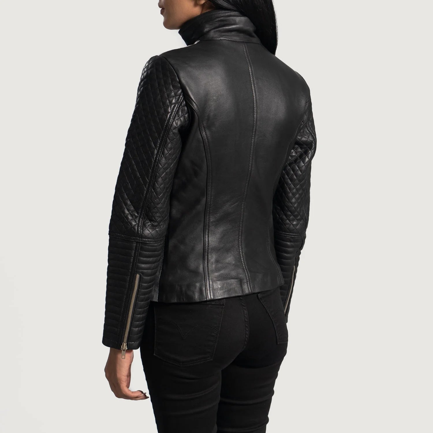 Alia Metallic Black Leather Biker Jacket - Image 3
