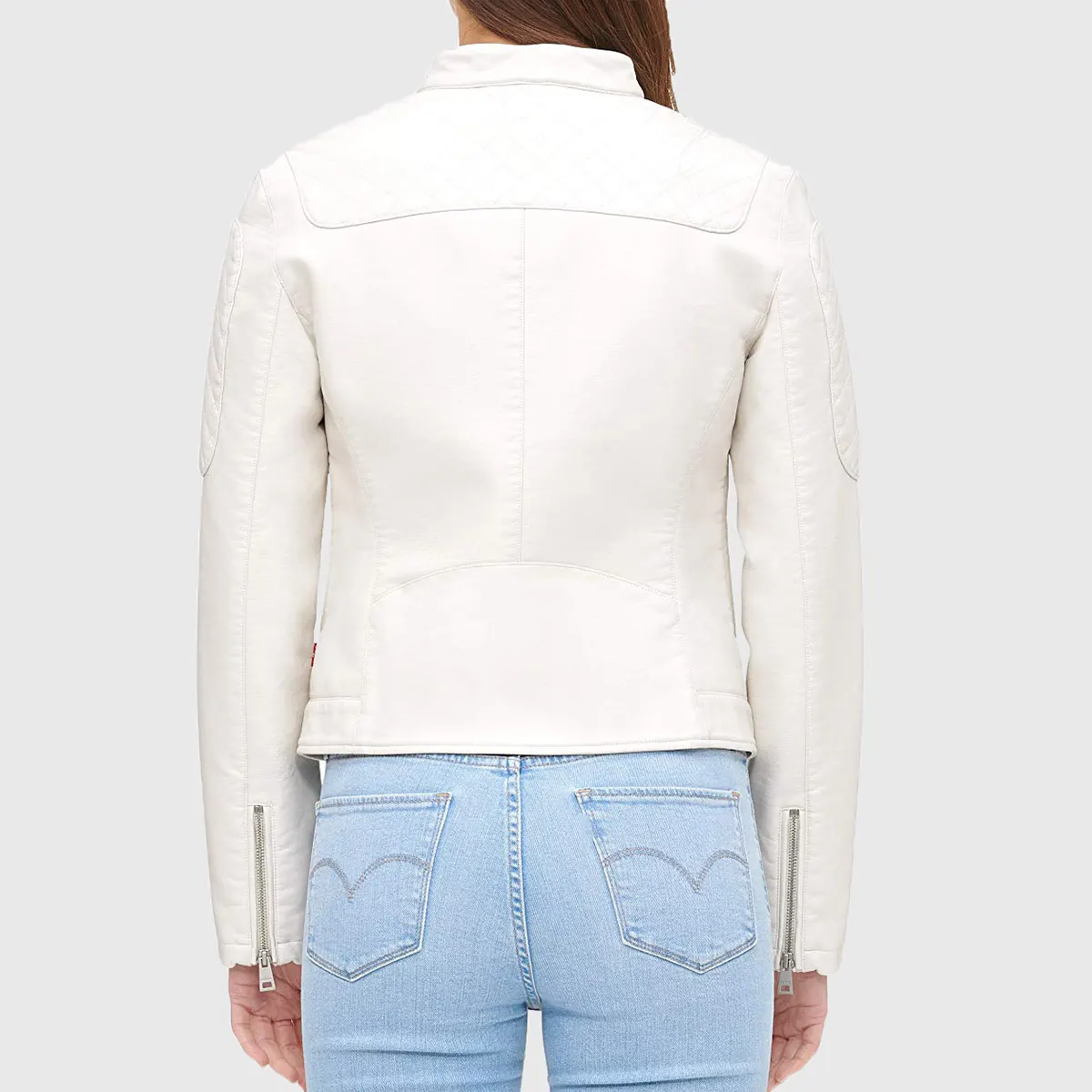 White Quilted Moto Cafe Racer Biker Jacket - Image 4