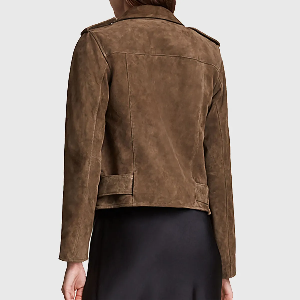 Women’s Dark Brown Suede Leather Biker Jacket - Image 4