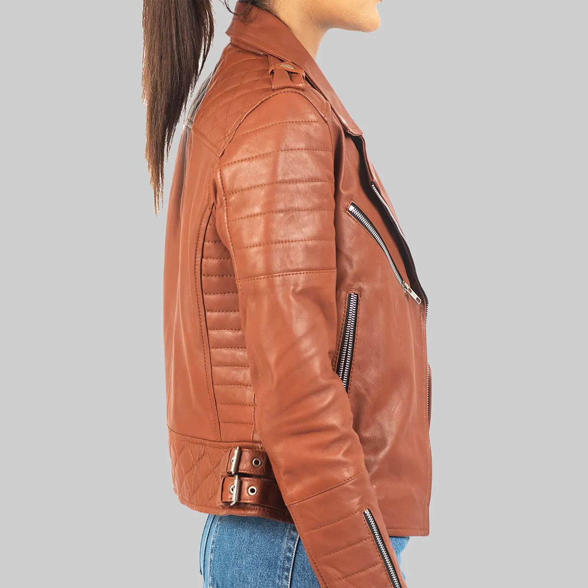Women’s Brown Leather Biker Jacket - Image 4