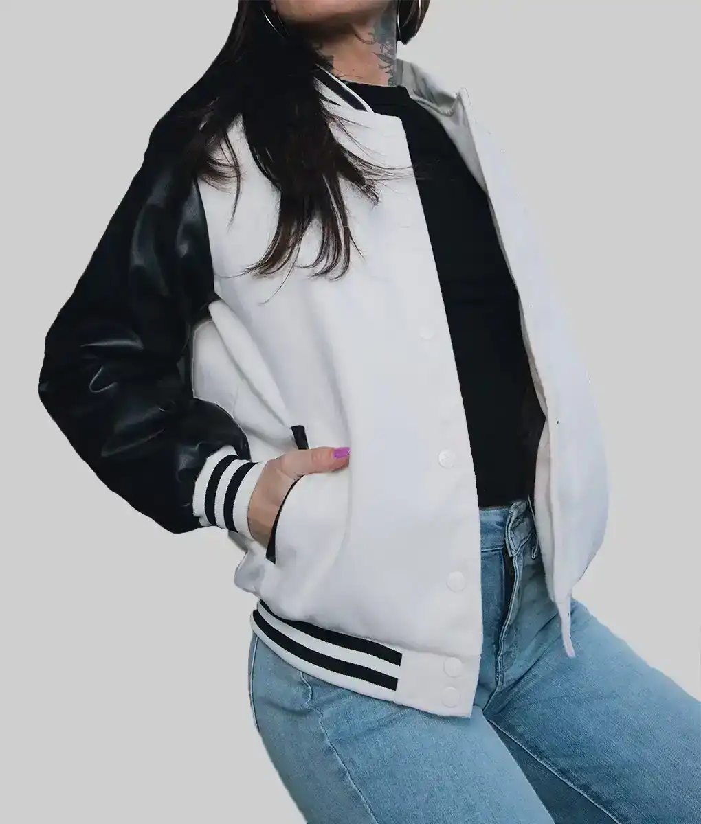 Women’s White and Black Leather Varsity Jacket - Image 4