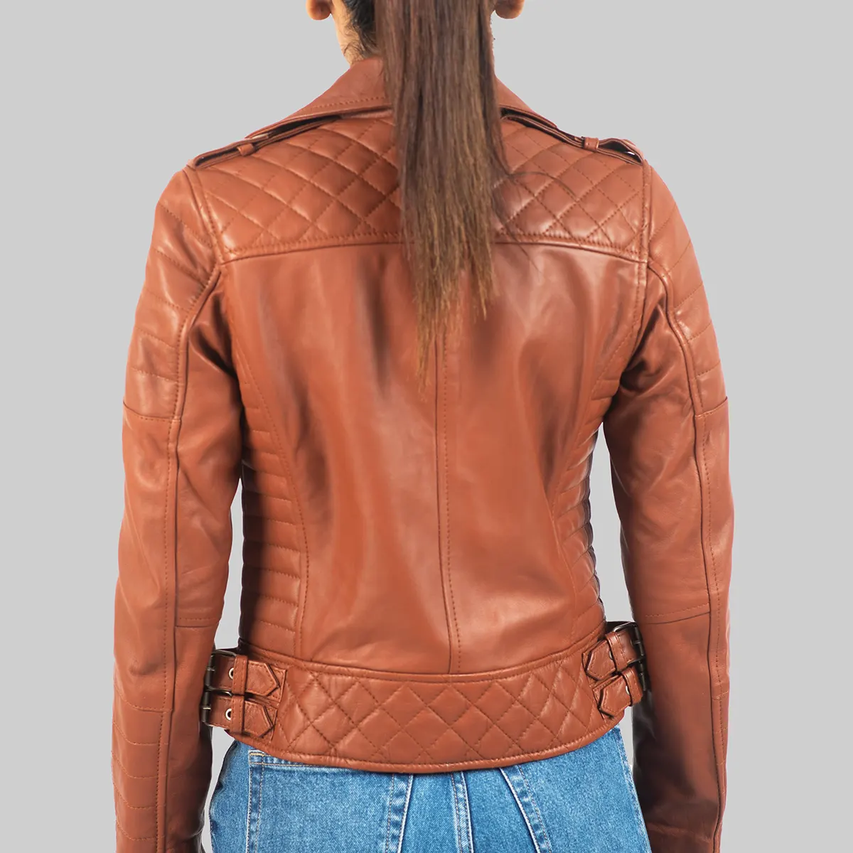 Women’s Brown Leather Biker Jacket - Image 5