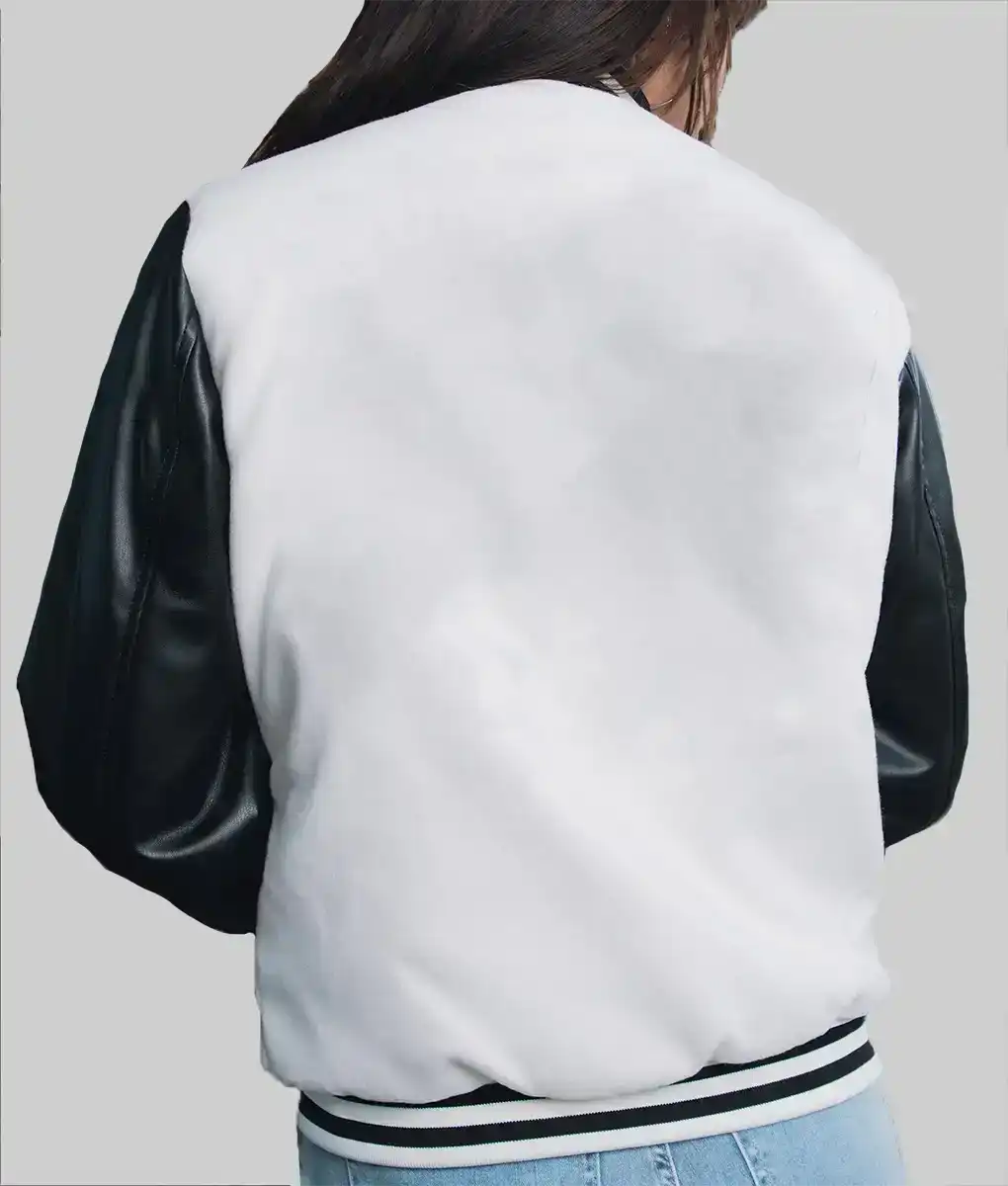 Women’s White and Black Leather Varsity Jacket - Image 5